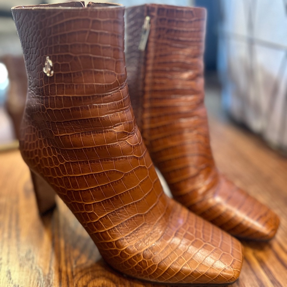 Jimmy Choo Minori Croc Embossed Leather Boots size 37.5